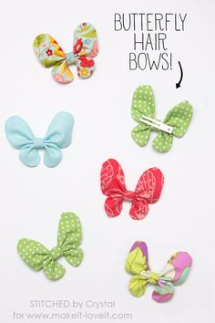 four different colored bows with the words butterfly hair bows written below them in black and white