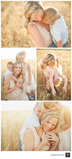 a woman and two children are hugging each other in a field with tall grass behind them