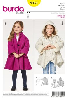 a child's cape and coat sewing pattern with the hood on it, in two sizes