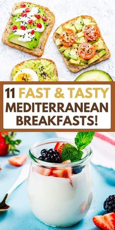 some food is in a glass jar on a blue surface with the words fast and tasty mediterraneann breakfasts