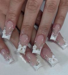 White Nails With White Designs, White French Birthday Nails, Pearl Like Nails, White Fairy Nails, Quinceanera Nails, Fake Nails Designs, Waste Of Time, School Nails