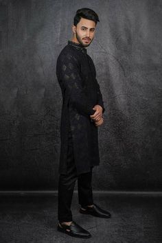 Black kurta in georgette base with chikankari, mirror, and sequins hand embroidery. Comes with a pant. - Aza Fashions Chikankari Kurta For Men, Chikankari Kurta Set, Black Kurta, Chikankari Kurta, Kurta For Men, Kurta Set For Men, Luxury Sale, Mirror Work, Kurta Set