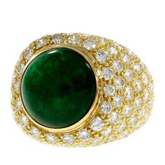 Green Cabochon Emerald Diamond Dome Gold Cocktail Ring | From a unique collection of vintage cocktail rings at https://www.1stdibs.com/jewelry/rings/cocktail-rings/ Luxury Green Cabochons, Green Round Cabochons For Anniversary, Luxury Green Domed Ring, Luxury Green Dome Ring For Formal Occasions, Green Cabochon Dome Ring For Formal Occasions, Luxury Oval Green Dome Ring, Green Dome Ring For Formal Occasions, Fantasy Ring, Vintage Cocktail Ring