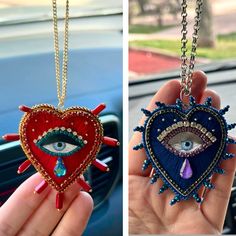 two pictures one with an eye and the other with a heart shaped pendant on it