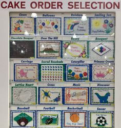 a display case with many different designs on it's sides and the words cake order selection