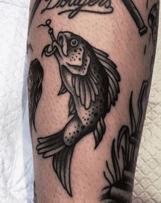 Traditional Black Ink Tattoo, Old School Fishing Tattoo, Masculine Traditional Tattoos, Traditional Fisherman Tattoo, Black And Grey Fish Tattoo, American Traditional Trout Tattoo, Traditional Trout Tattoo, Trout Tattoos For Men, Trout Tattoo Design