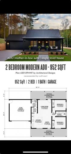 the two bedroom modern adu - 922 soft floor plan is shown on an iphone