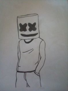 a drawing of a person with a box on their head and eyes drawn in pencil