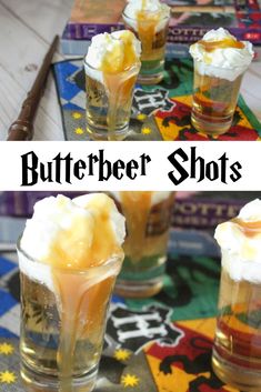 three shots with whipped cream and butter on the top are sitting on a colorful tablecloth