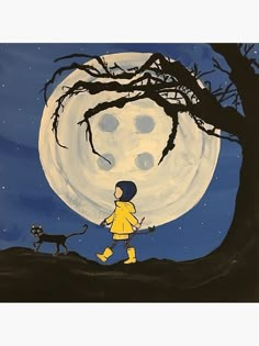 a painting of a boy walking his dog in front of a full moon and tree