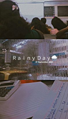 an advertisement for rainy day written on the side of a computer screen with people sitting at desks in the background