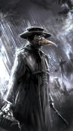 a man in a black coat and hat with a crow on his head standing in the rain