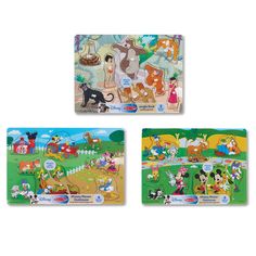 three puzzles with different cartoon characters on them