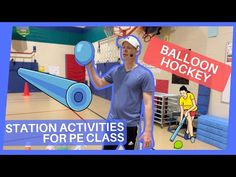 a man holding a tennis racket and ball in front of an animated sign that says station activities for pe class