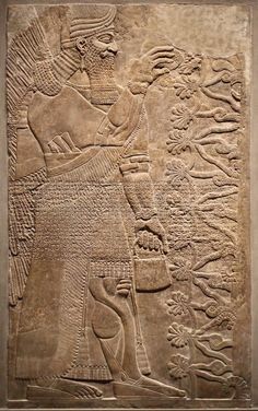 an ancient bas relief depicting a man with a bird in his hand and another person standing next to him