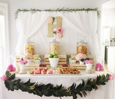 a table topped with lots of food and desserts