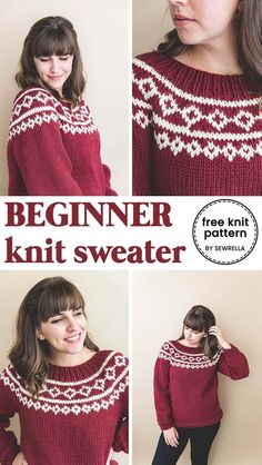 a woman wearing a red sweater with white fair - knit details and text that reads, beginner knit sweater