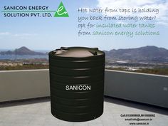 a black water tank sitting on top of a roof next to a sign that says sanicoon energy solution ltd