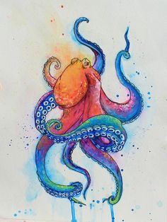 an octopus is painted in watercolor on paper