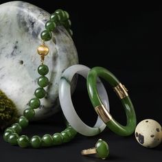 Since 1861, Gump's has been a destination for jewelry that is distinctive and timeless — and our jade collection is no exception. Once considered more precious than gold, jade has been more highly prized in Asia than any other gemstone. Treasured for thousands of years, it represents harmony, balance and protection, and is thought to bring good luck to the wearer. Green nephrite jade, 16x12mm. 14-karat yellow gold. Diana Ring, Jade Bangle, Nephrite Jade, Jade Necklace, Cabochon Ring, Expensive Jewelry, White Jade, Jade Bracelet, Jade Carving