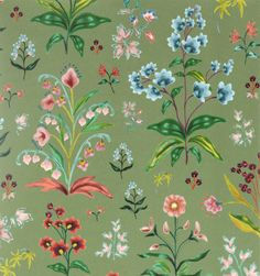 a green floral wallpaper with many different flowers and leaves on the side of it