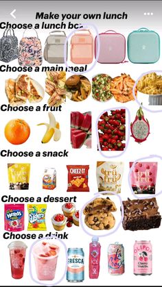 an image of food and drinks that are labeled in the words make your own lunch choose a main meal choose a snack choose a dessert choose a drink choose a pink