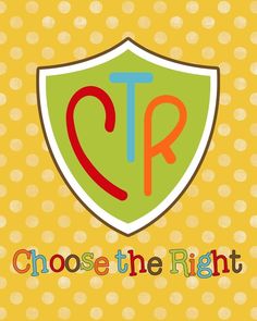 the words choose the right on a yellow background with polka dot dots and a green shield