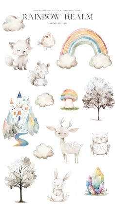 watercolor illustrations of animals and trees with rainbows in the sky above them, including clouds