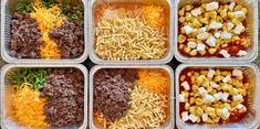 six plastic containers filled with different types of food