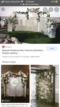 the wedding ceremony backdrop has been decorated with white flowers and greenery, while another photo is taken on instagram