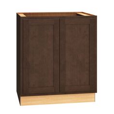 a brown cabinet with two doors on the front and one door open to reveal an empty drawer