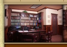 an office with desk, chairs and bookshelves full of books is shown in three different pictures