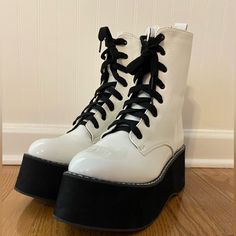 Women’s Size 8! Never Worn Out Just Put On Once. No Discolorations Or Scuffs. High Platform Perfect For A Rave/Costume/General Party Shoe! White Casual Lace-up Platform Boots, White Platform Lace-up Heeled Boots, White Lace-up Platform Boots For Streetwear, White Lace-up Platform Heeled Boots, White Lace-up Platform Boots With Chunky Platform, Red Platform Boots, White Platform Boots, Red Platform, Goth Boots