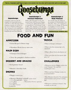 a menu for gosebumps with the words food and fun written on it