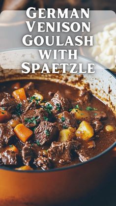 german goulash with spaaetzle in a skillet on a table