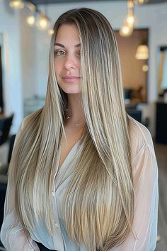 Woman with long, straight blonde balayage hair wearing a sheer white blouse Long Straight Hair Ideas, Straight Hair Ideas, Soft Balayage, Straight Hairstyle, Bathroom Walls, Balayage Highlights