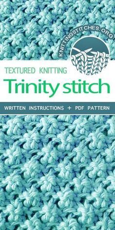 the textured knitting trinity stitch pattern is shown in blue and green, with text that reads