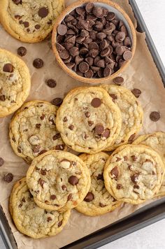 cookies and chocolate chips on a baking sheet