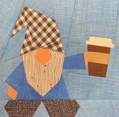 an image of a man with a cup of coffee in his hand on a piece of fabric