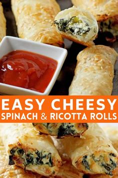 easy cheesy spinach and ricotta rolls with ketchup on the side