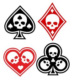 four playing cards with skulls and hearts in the shape of spades stock photo - rights