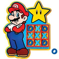 an image of a cartoon character next to a game board with xoxo on it