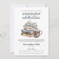 a card with an image of books and coffee on top of it, reads jolaboakafod celebration