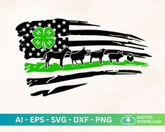 an american flag with cows and shamrocks on it is in the shape of a drawing