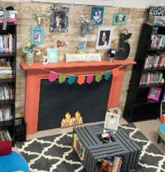 a living room filled with furniture and a fire place next to a bookshelf