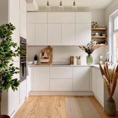 the kitchen is clean and ready for us to use it's natural wood flooring