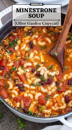 minestone soup in a pot with a wooden spoon on the side and text overlay