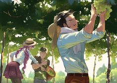 two people are picking grapes from a tree while another man is holding them in his hand