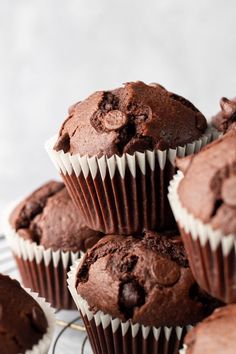 several chocolate muffins on a wire rack