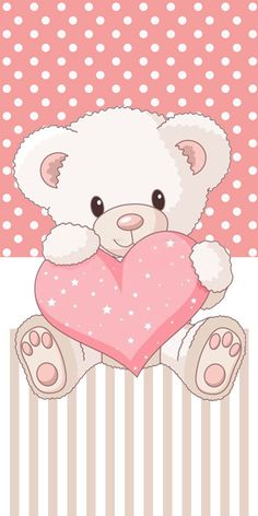 a white teddy bear holding a pink heart on a striped background with polka dot dots